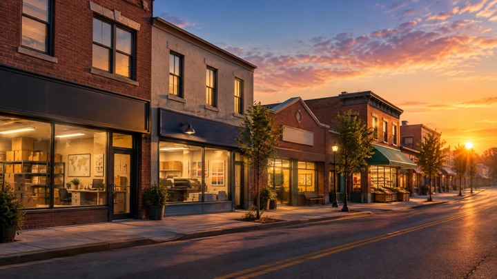 A street of small family businesses at dawn